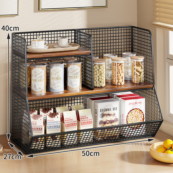 Multi-Tier Wire Mesh Countertop Pantry Organizer with Wood Shelves and Basket