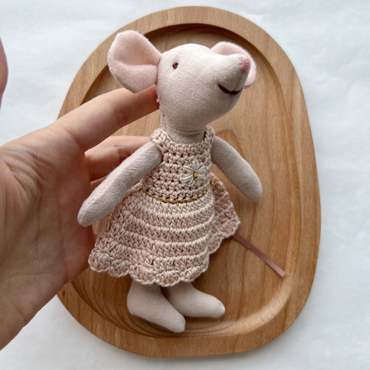 Handcrafted Linen Mouse Doll with Crocheted Dress and Embroidered Face