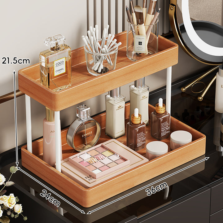 Two-Tier Wooden Vanity Countertop Organizer with Metal Pillars