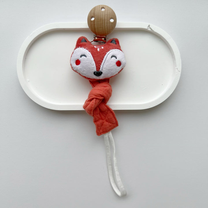 Wooden Clip Fox Plush Pacifier Holder with Knotted Muslin Strap