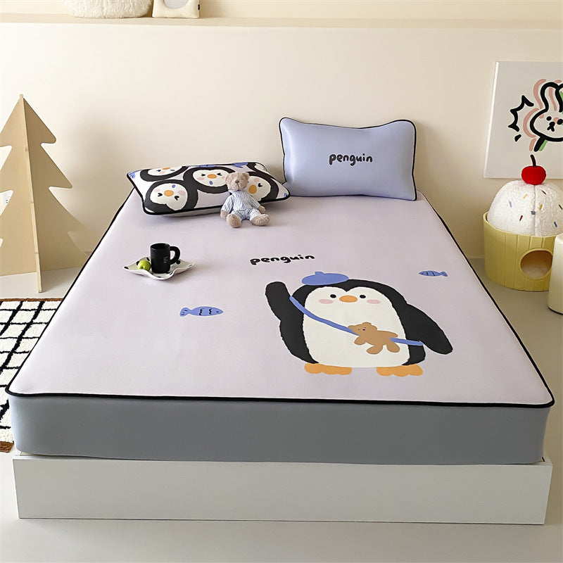 Children's mattress topper and fitted sheet set with non-slip corner fasteners and cute dog design