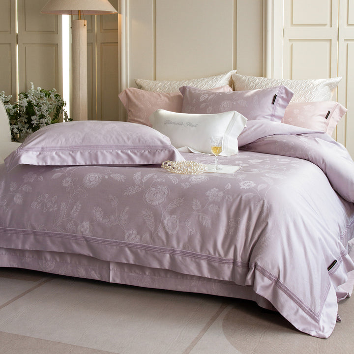 Premium cotton satin bedding set with structured matelassé border and hotel closure