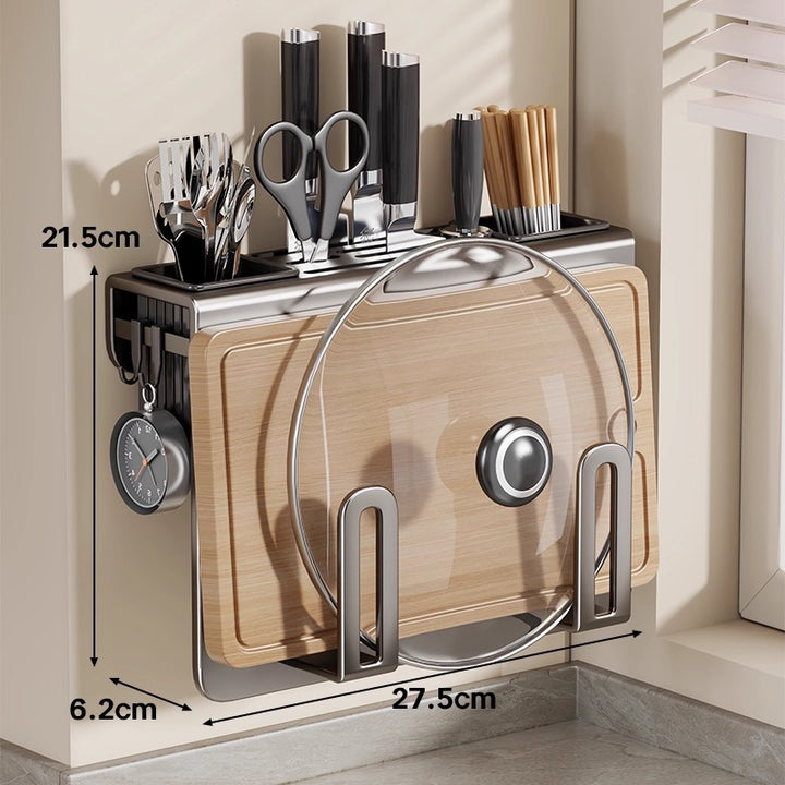 Wall-Mounted Stainless Steel Kitchen Cutting Board and Lid Organizer Rack