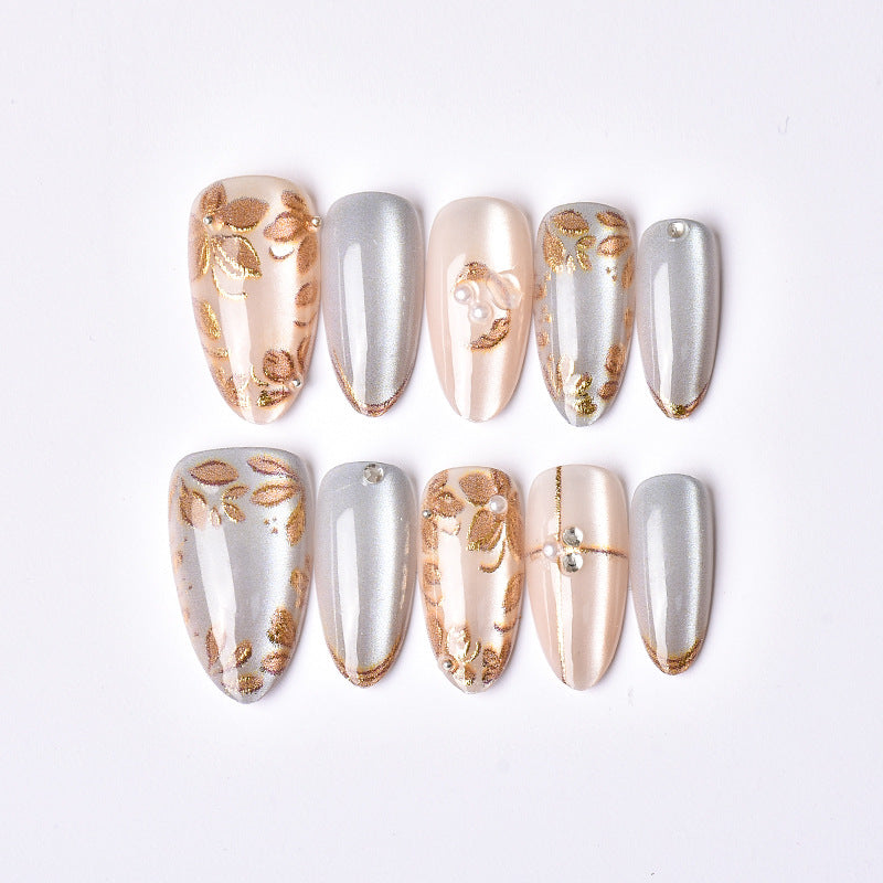 Decorative Press-On Nail Art Set with Floral and Metallic Accents Kalsten
