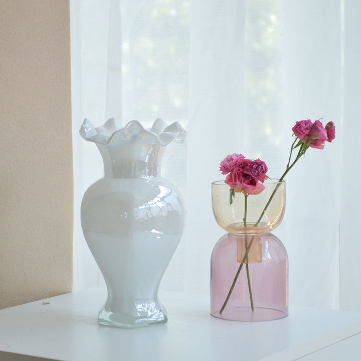 Hand-Blown Ruffled-Rim Art Glass Vase with Ombre Pink Ivory Finish Kalsten