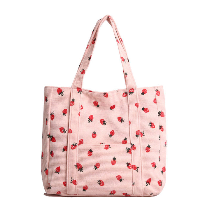 Playful Strawberry Print Corduroy Tote Bag Kalsten