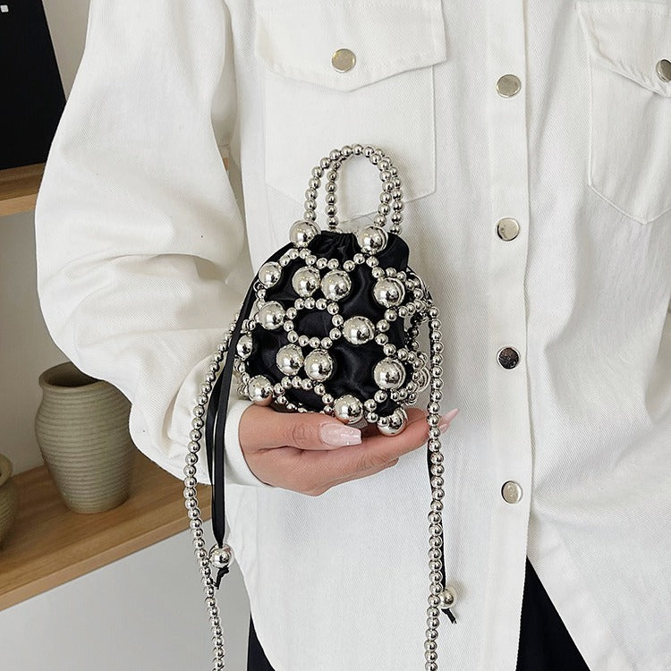 Decorative Pearl-Embellished Mini Drawstring Handbag