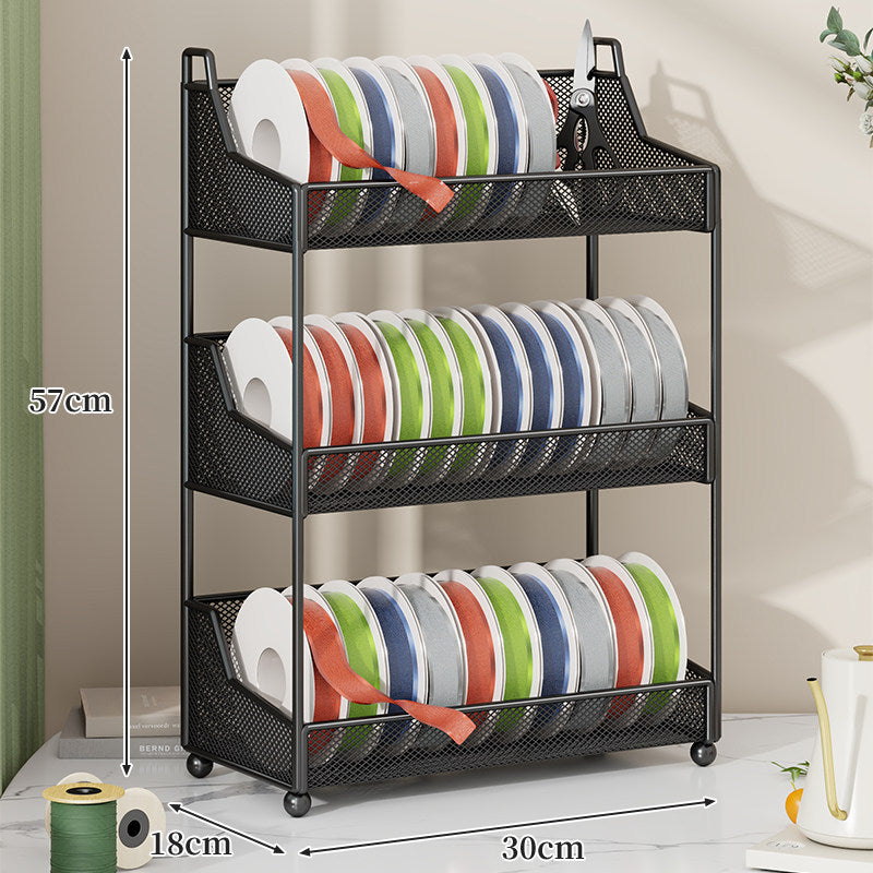 Metal Mesh Ribbon and Tape Spool Organizer with Integrated Scissor Slot