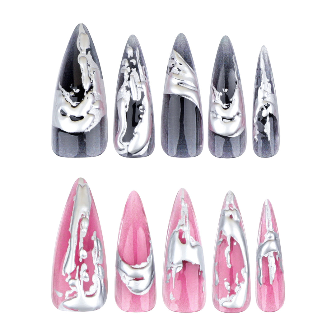 Creative stiletto nails with unique metallic details Kalsten
