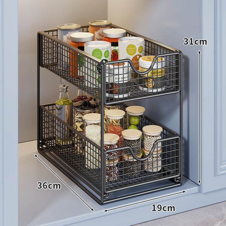 Two-Tier Metal Wire Pantry Basket Organizer with Slide-Out Drawers