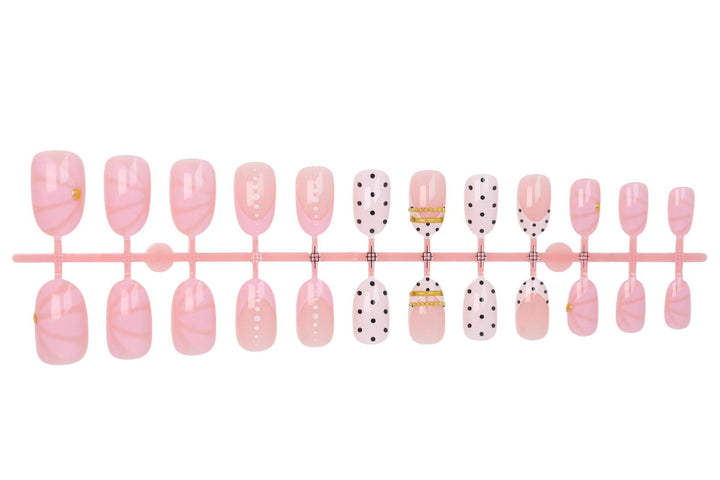 Acrylic nail set with elegant polka dot and glamorous golden accents Kalsten