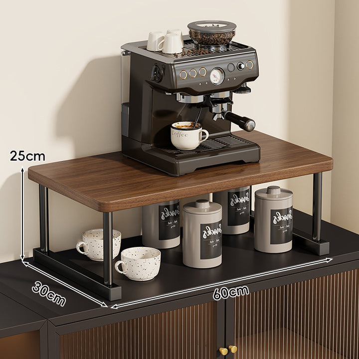 Two-Tier Countertop Coffee Station Shelf Riser with Walnut Top and Metal Frame