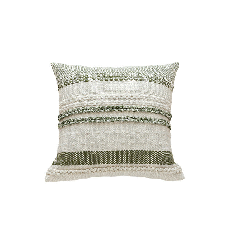 Woven Cotton Textured Lumbar Throw Pillow Cover with Braided Stripe Embellishments