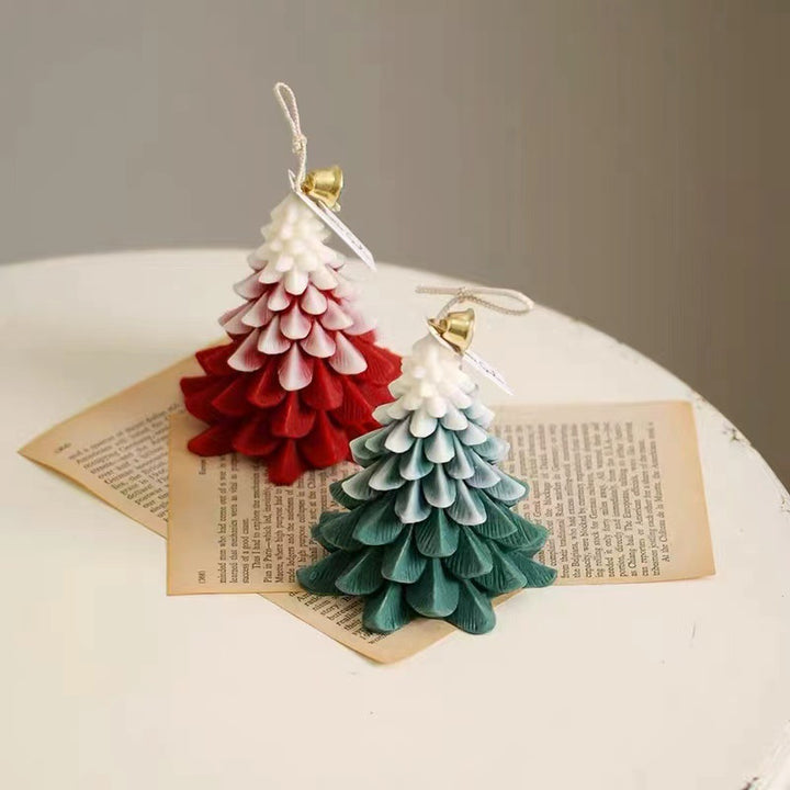 Layered Sculptural Christmas Tree Ornament Candle with Hanging Bell