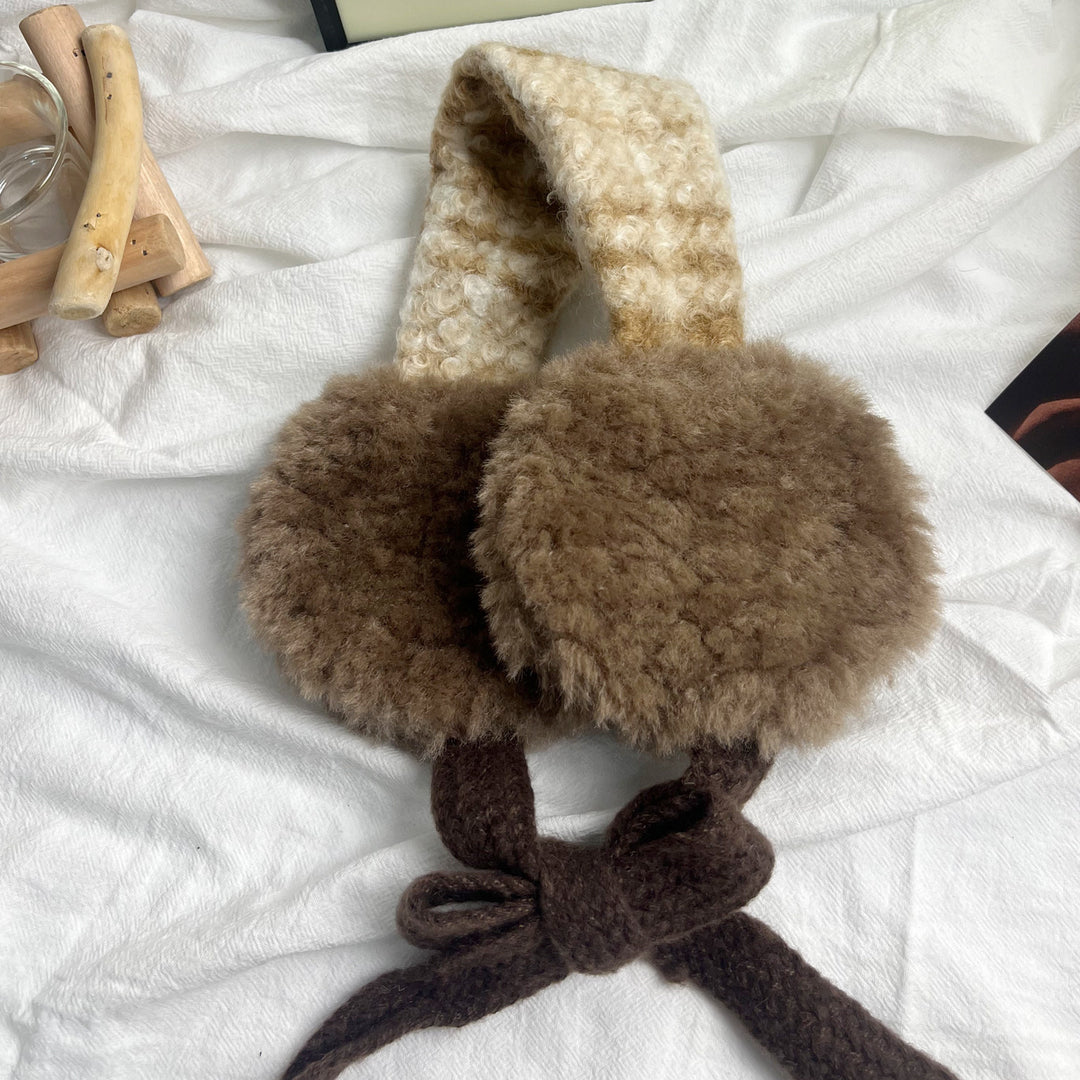 Plush Curly Faux-Fur Round Earmuffs with Patterned Knit Tie Headband Kalsten