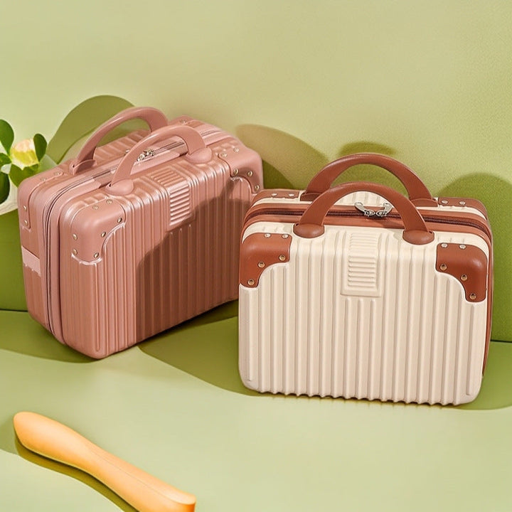 structured hard-shell vanity travel case with faux-leather corner reinforcements and dual top handles Kalsten