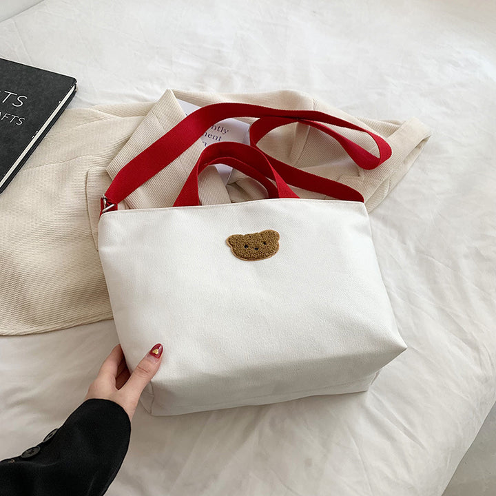 Casual Canvas Tote Bag with Cute Bear Applique