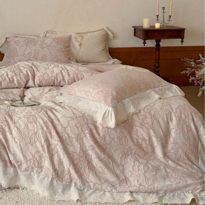 Luxurious jacquard bedding with lace trim and ruffle