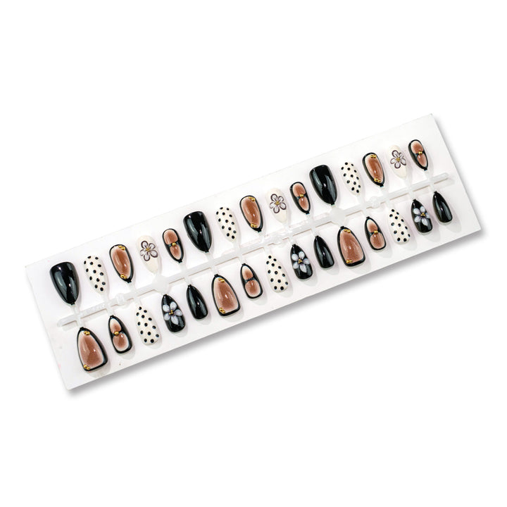 Artistic Press-On Nail Set with Floral and Polka Dot Designs