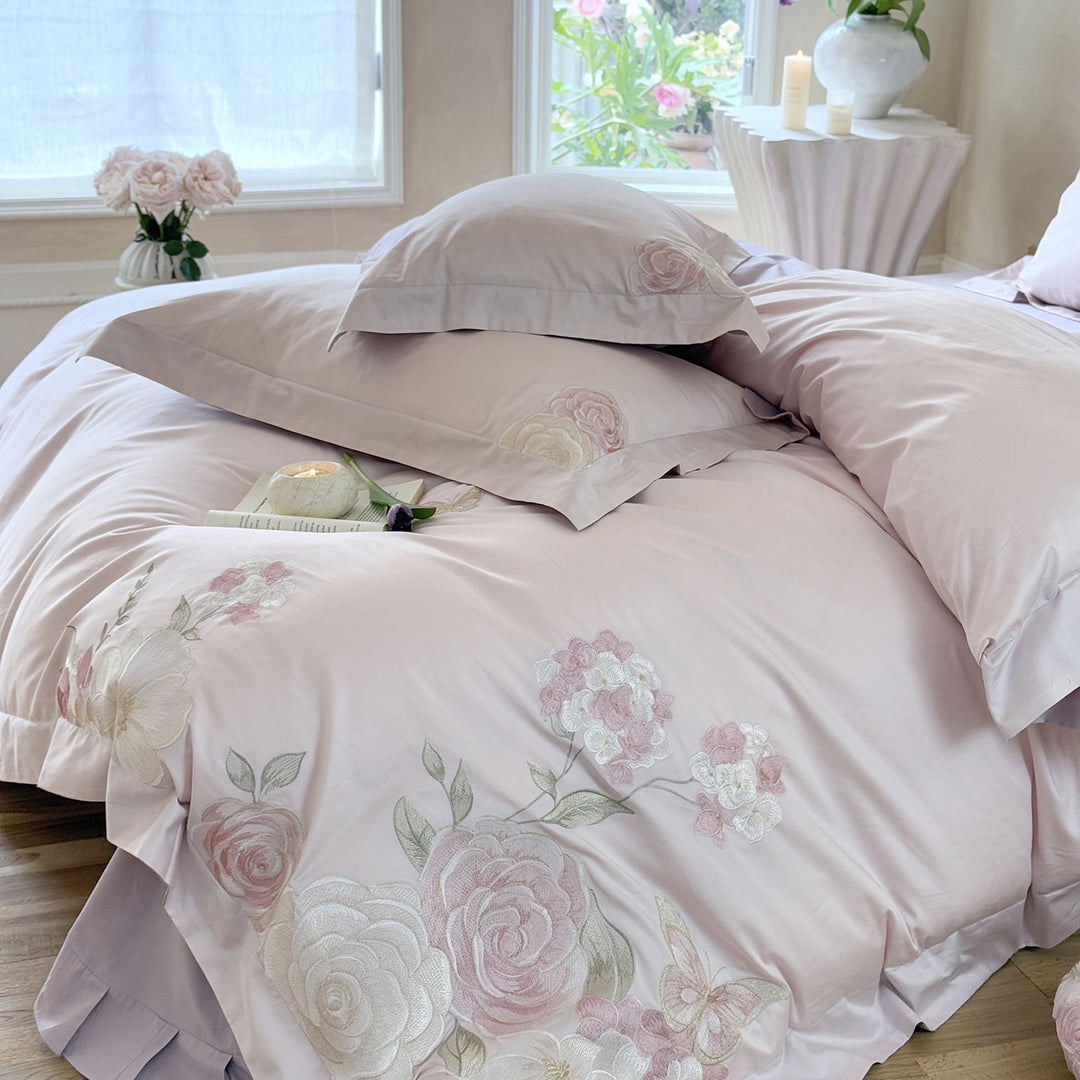 luxurious cotton satin bed linen set with floral embroidery