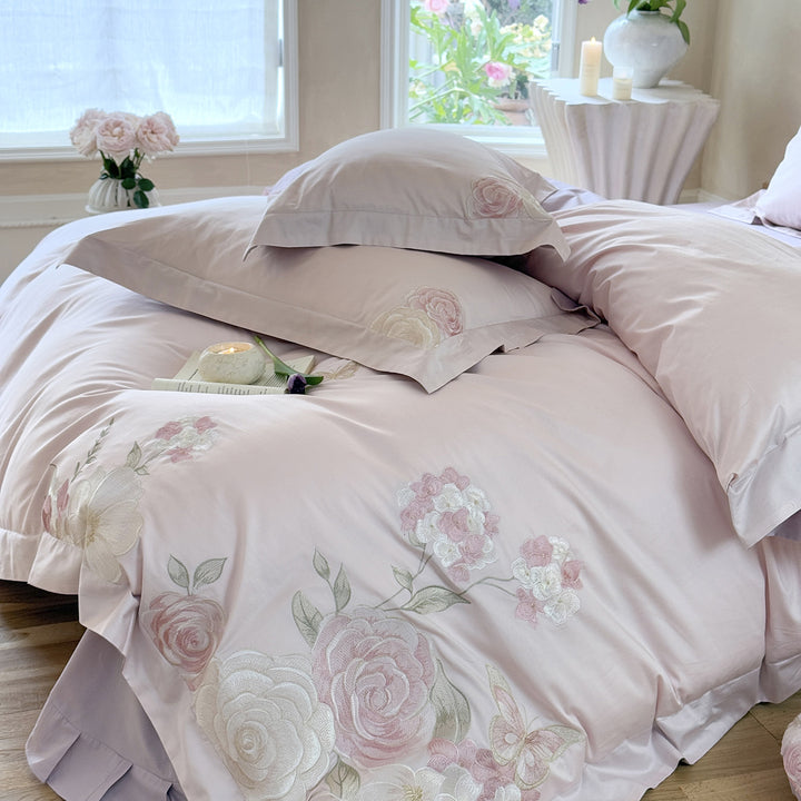 luxurious cotton satin bed linen set with floral embroidery
