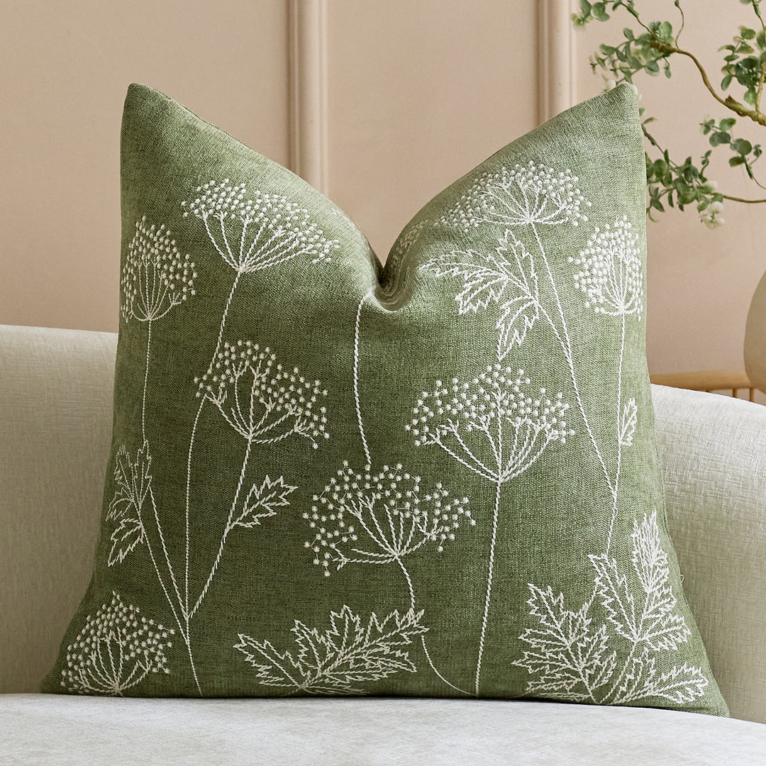 Botanical Embroidered Square Throw Pillow Cover with Linen Texture and Hidden Zipper