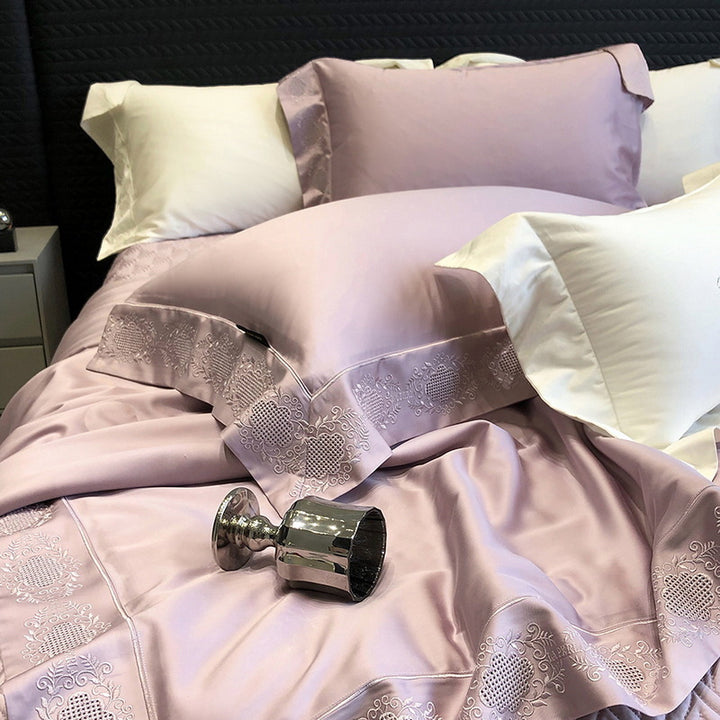 High-gloss satin bed linen set with floral cutwork embroidery border