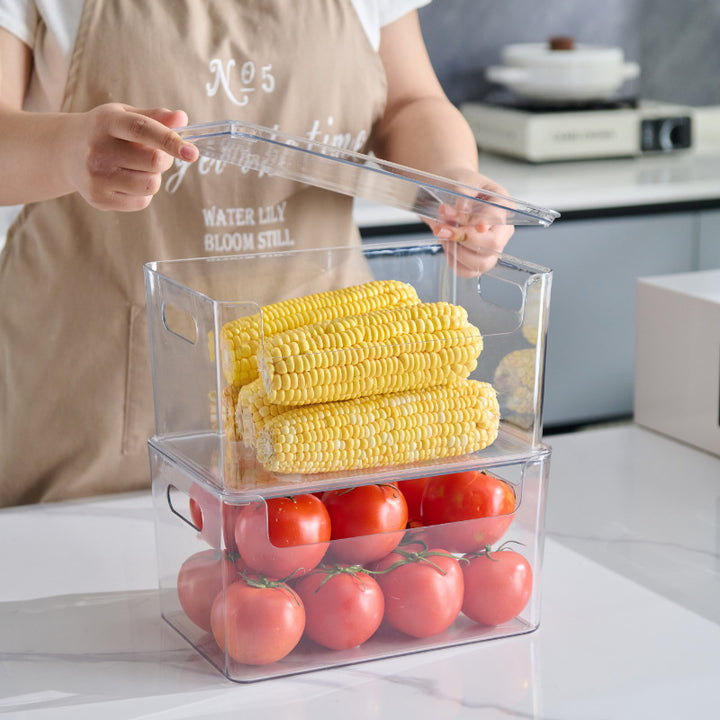 Transparent stackable storage compartment made of shatterproof acrylic with grip cutouts
