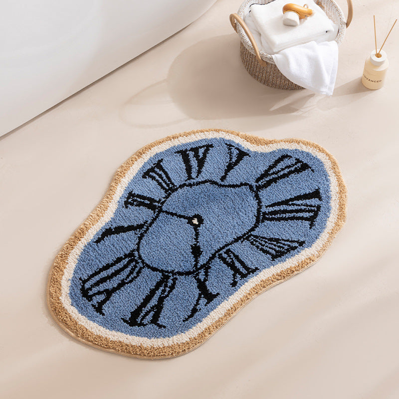 Tufted bathroom rug with abstract clock design and non-slip backing