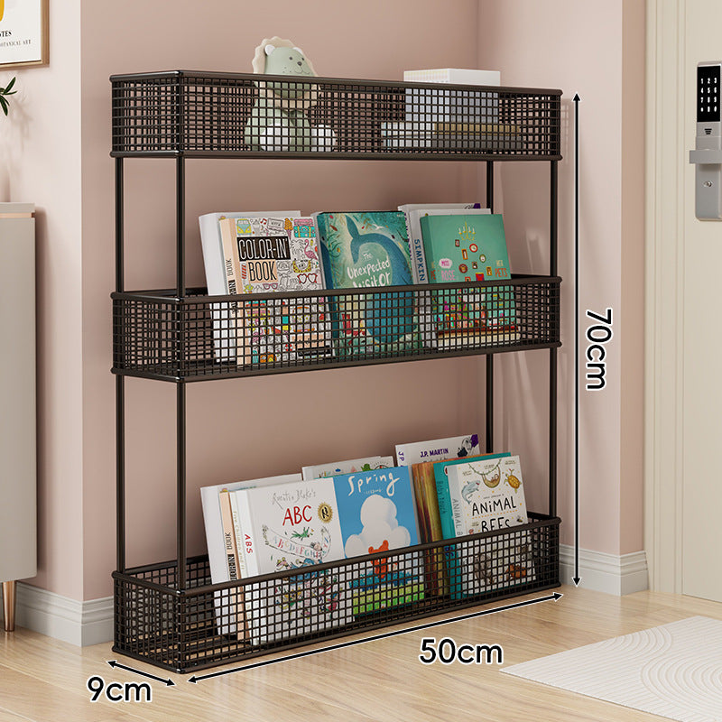 Freestanding Four‑Tier Metal Mesh Book and Display Shelf Rack