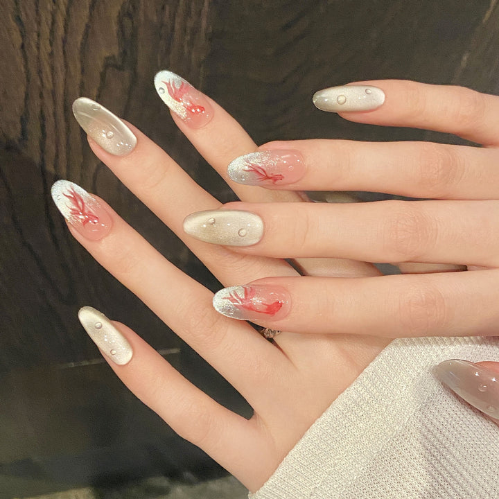 Artistic Press-On Nail Set with Unique Fish Design