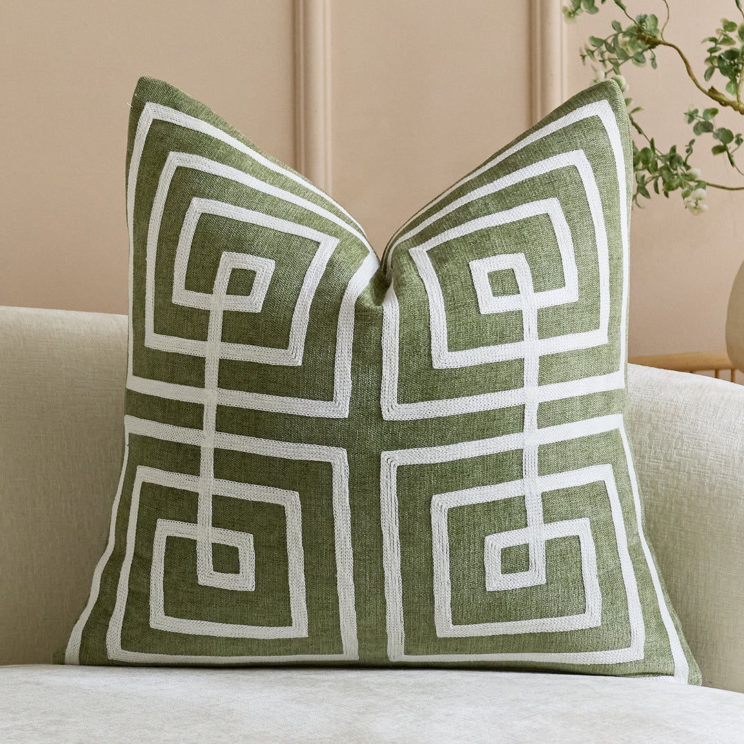 Geometric Embroidered Cotton-Linen Square Throw Pillow Cover with Raised Chenille Maze Appliqué