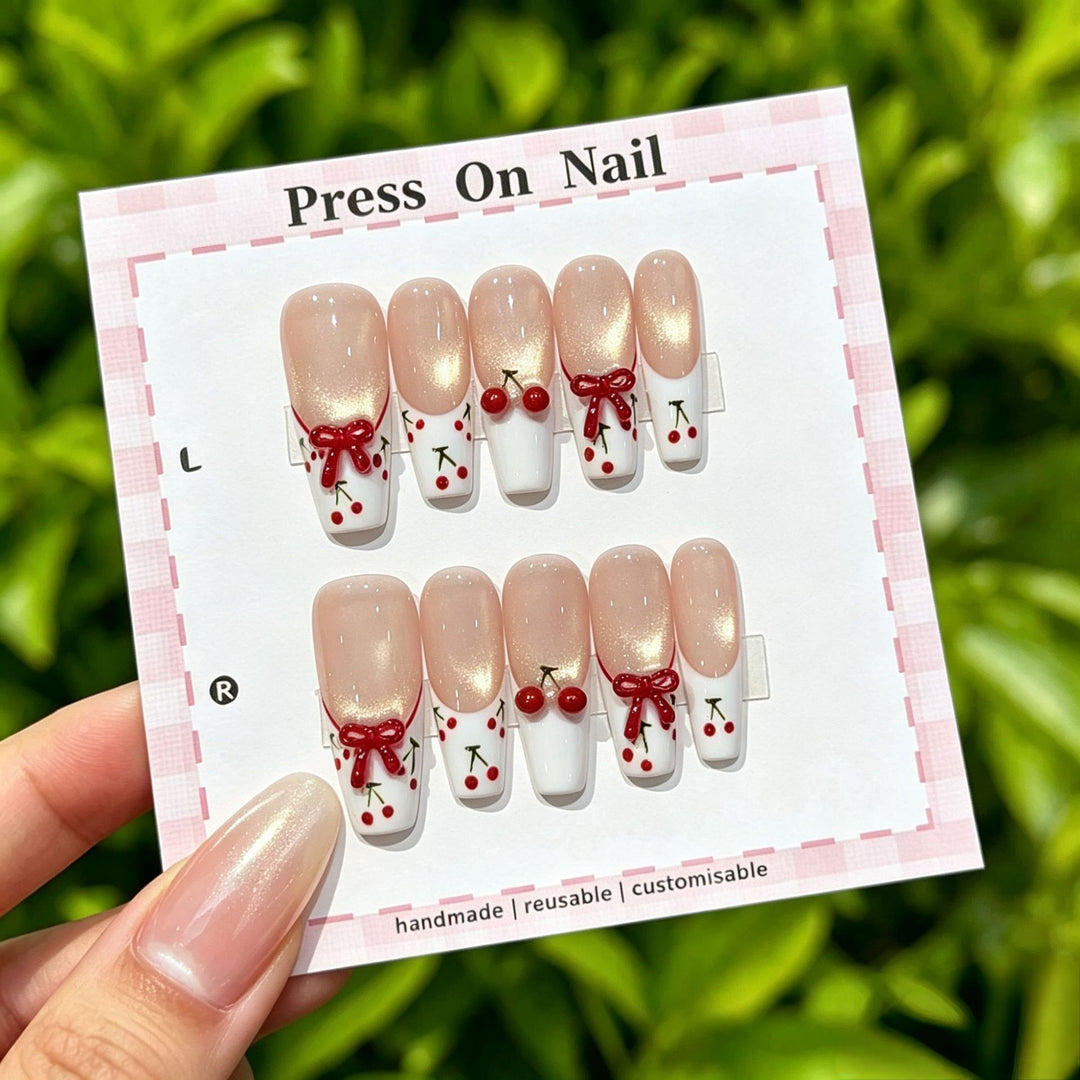 Artistic Press-On Nail Set with Cherry and Bow Designs