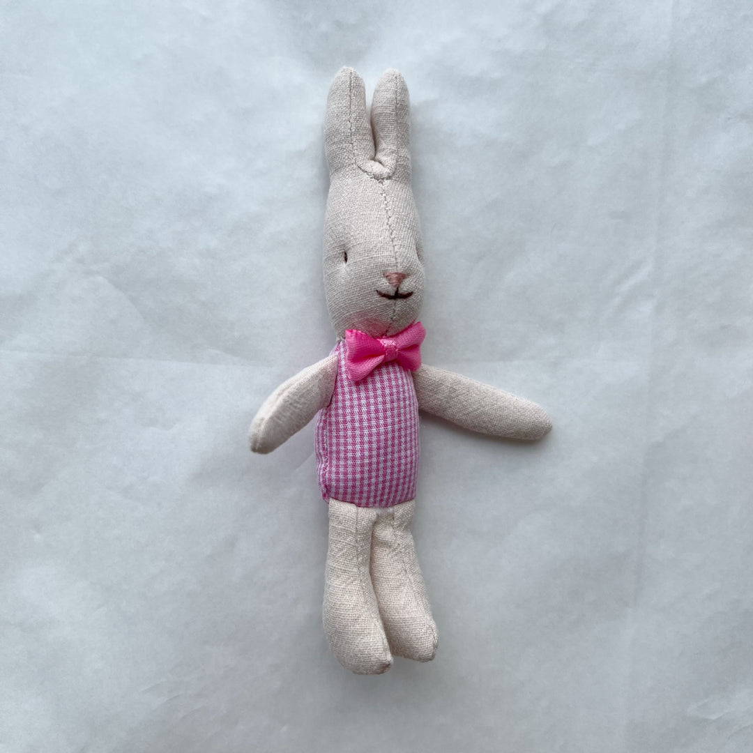 Hand-Sewn Linen Bunny Comforter Doll with Gingham Pocket Dress