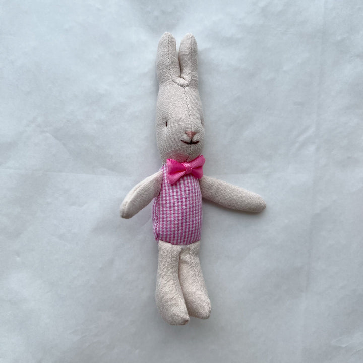 Hand-Sewn Linen Bunny Comforter Doll with Gingham Pocket Dress