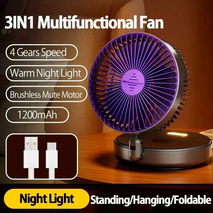 Unisex one size compact foldable rechargeable USB Type C desktop fan with adjustable tilt angle and integrated LED night light Kalsten