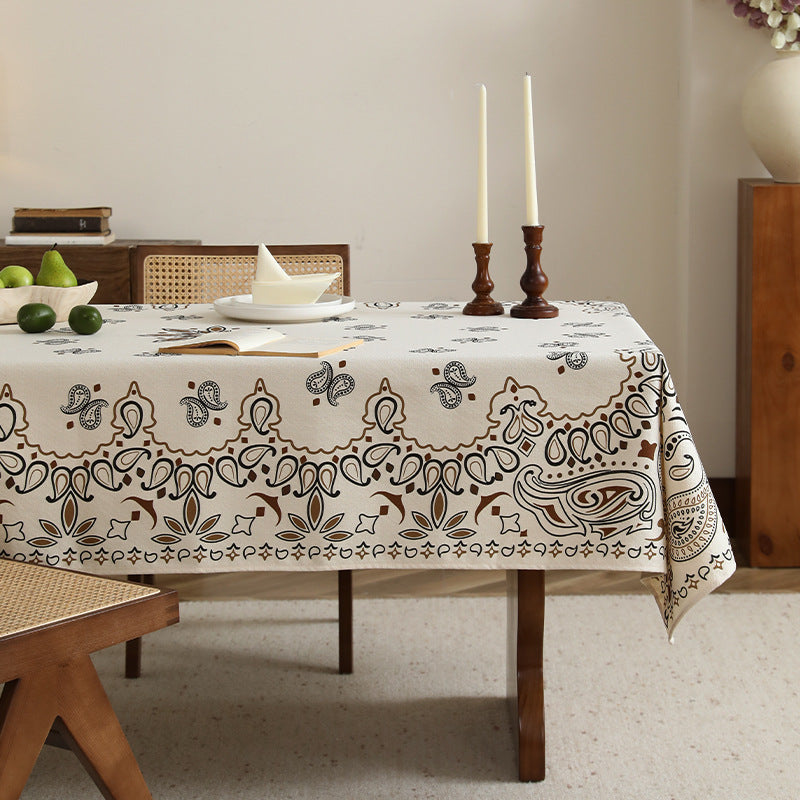 Woven cotton-linen tablecloth with paisley print and decorative border