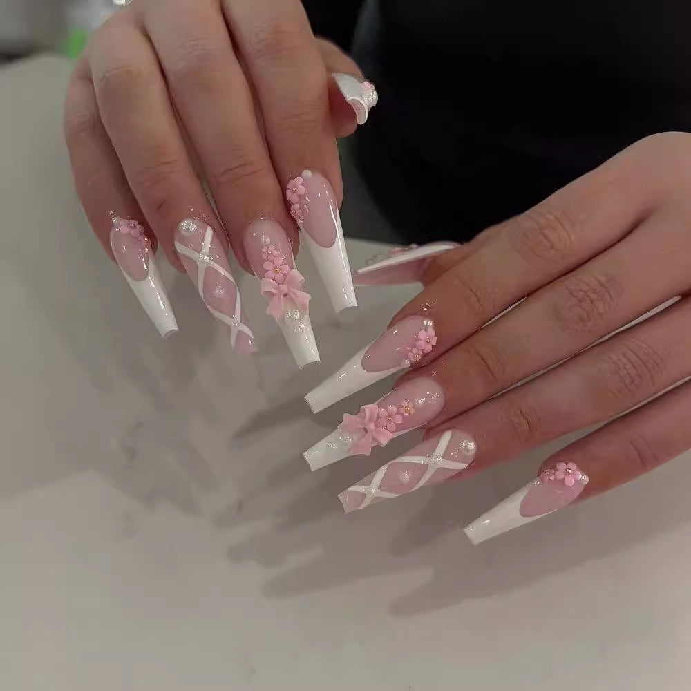 Artful and Elegant Stiletto Artificial Nails with Floral Design Kalsten