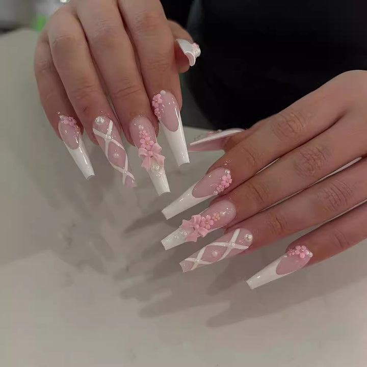 Artful and Elegant Stiletto Artificial Nails with Floral Design Kalsten