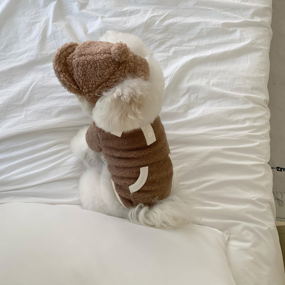 Sherpa Fleece Harness-Friendly Dog Vest with Detachable Pom Pom Hat & Buttoned Pocket