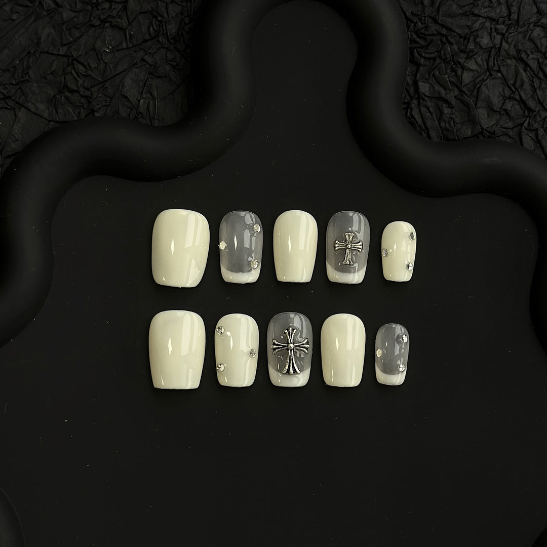 3D Cross-Embellished Press-On Nail Art Set