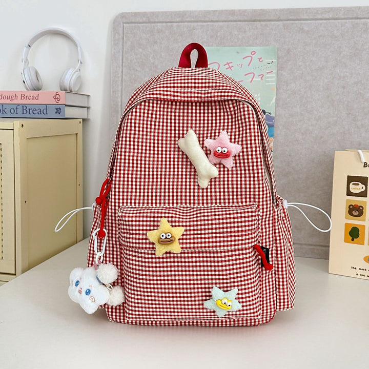 Gingham Print Character-Embellished School Backpack