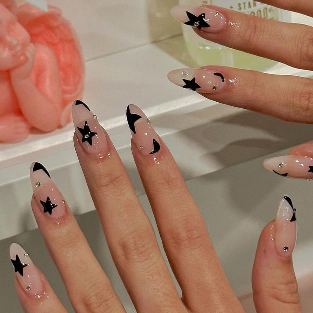 Acrylic nail set with glamorous star designs and elegant lace designs Kalsten