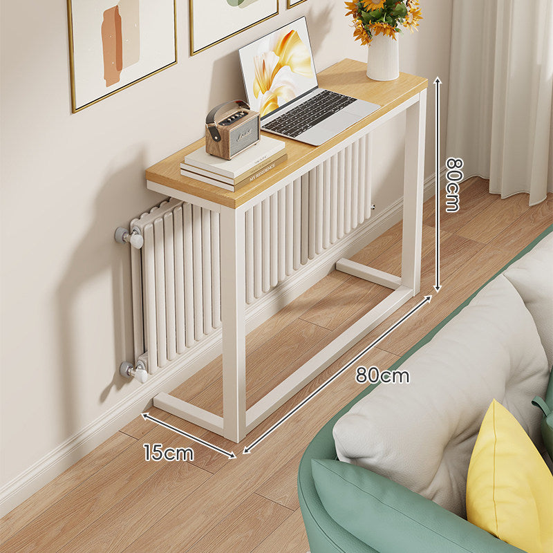 Slim Narrow Console Table with White Metal Frame and Wood-Grain Top