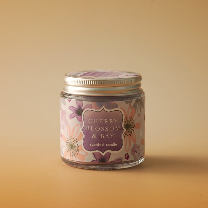 Scented Cherry Blossom & Bay Glass Jar Candle with Metal Screw Lid and Floral Label