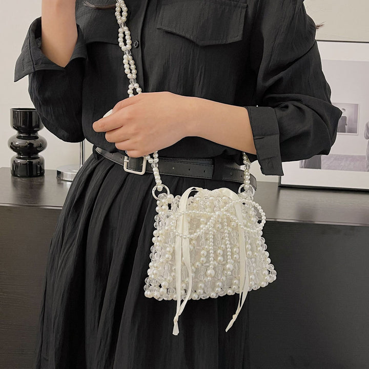 Pearl-Embellished Drawstring Evening Handbag