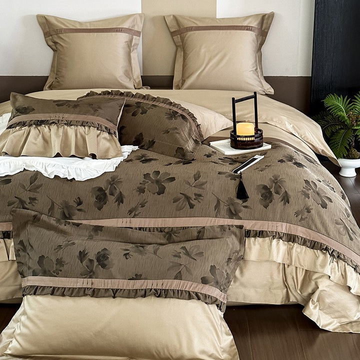Romantic cotton satin bedding set with ruffle and floral jacquard structure