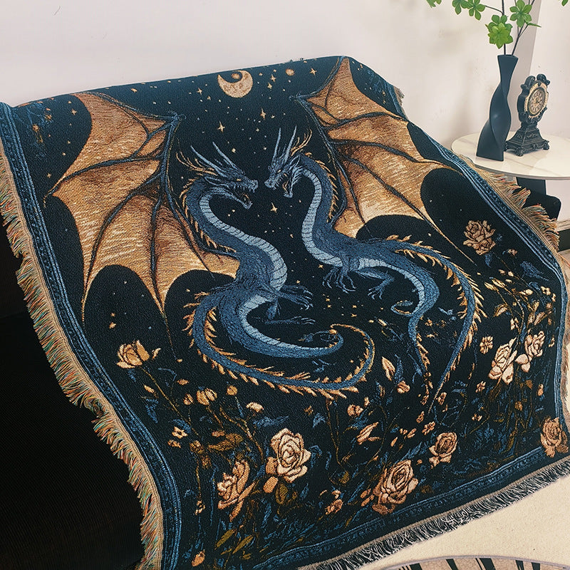 Dragon-Themed Woven Tapestry Throw Blanket
