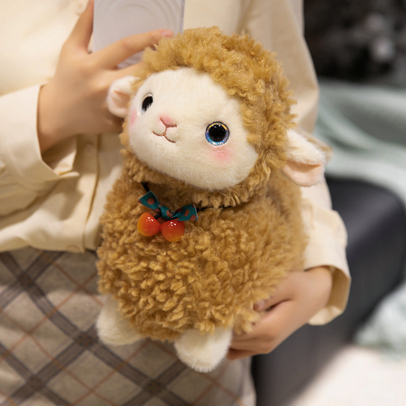 Curly Plush Lamb Comforter Toy with Embroidered Face and Decorative Bow Charm Kalsten
