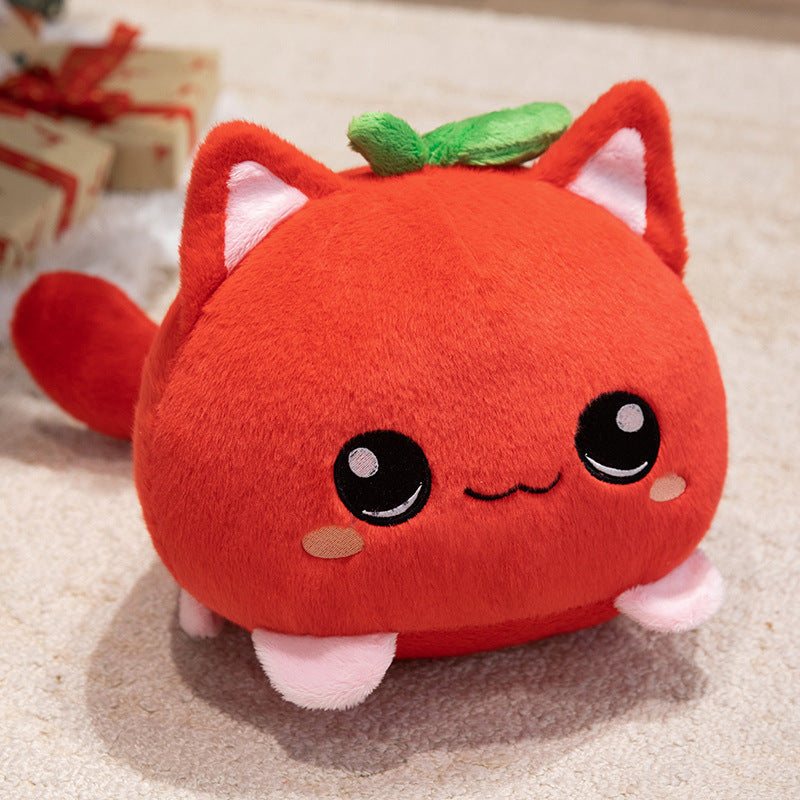 Kawaii Round Cat-Fruit Plush Pillow with Leaf Top and Squishy Bean-Fill Cuddle Companion Kalsten